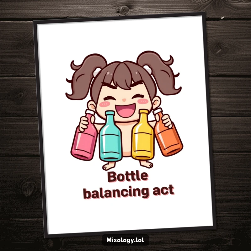 Funny digital art print of a mischievous character juggling bottles, ideal for instant humorous home or office decor with a playful vibe.