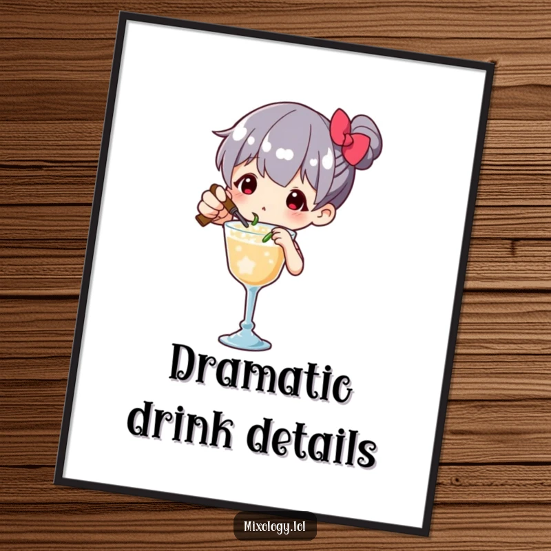 Funny Digital Art Print of a character meticulously garnishing a drink with tiny, flourish-filled movements, perfect for wall decor.