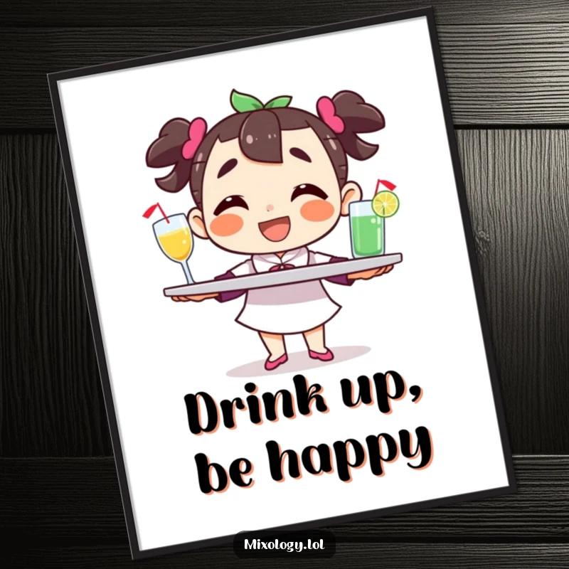 Funny character digital art print, balancing a tray of drinks with a grin, adding instant cheerful hospitality and humor to decor.