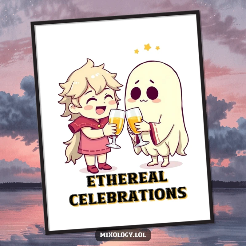 Funny character joyfully clinking glasses with a spectral friend, a charming digital art print.