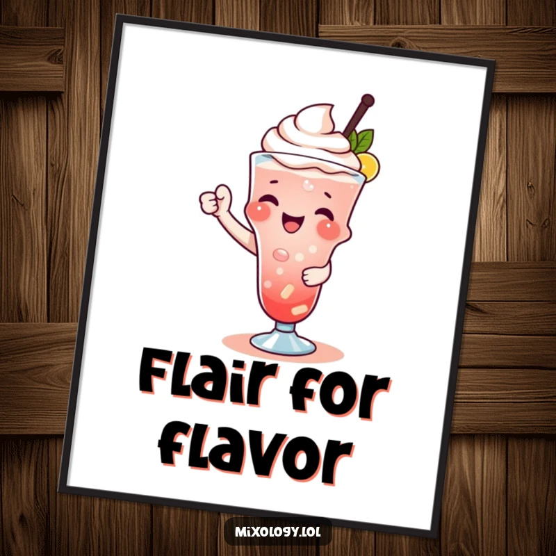 Funny digital art print of a character joyfully garnishing a drink with a playful flourish, radiating style and humor.