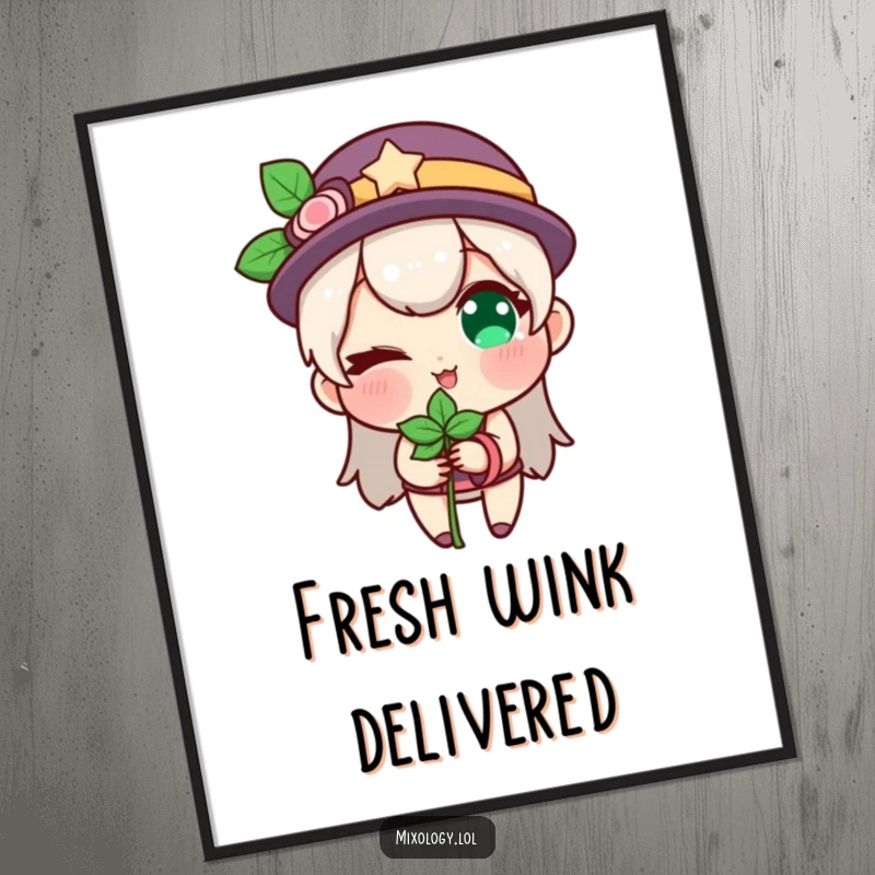 Funny digital art print of a character winking playfully while holding a sprig of mint, full of charm.