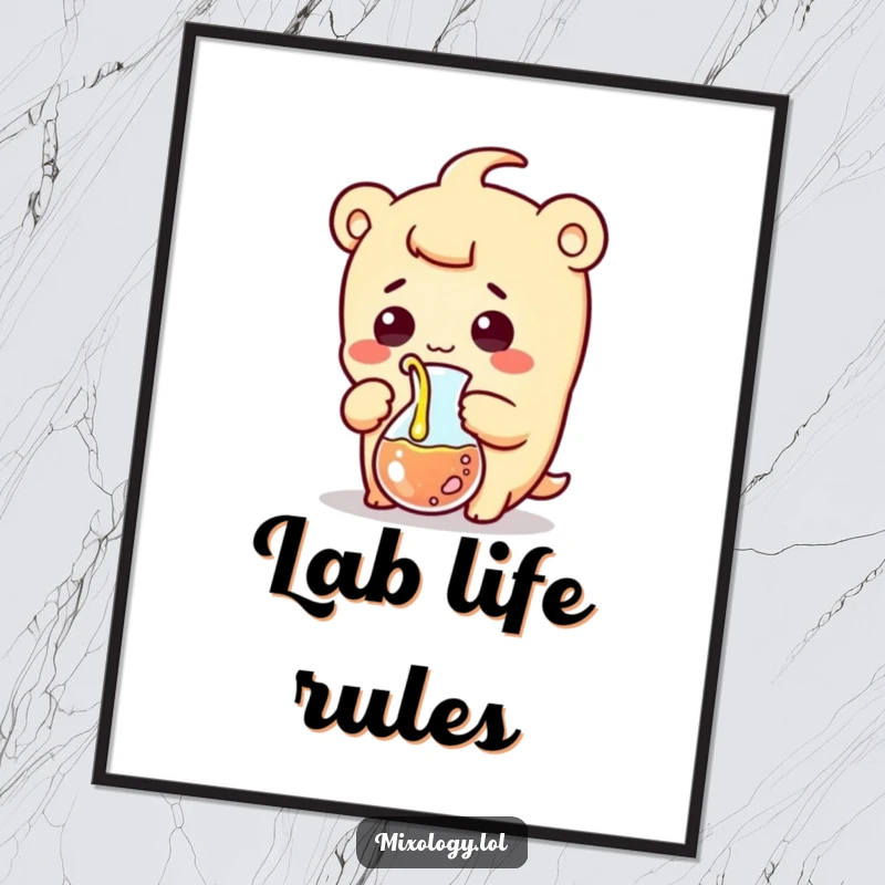 Funny digital art print of a surprised kawaii scientist character comically pouring liquid from a beaker, capturing a moment of hilarious shock.