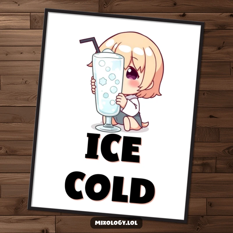 Funny Digital Art Print showing a character with eyes full of delight, admiring a frosty, condensation-covered glass, ready for framing.