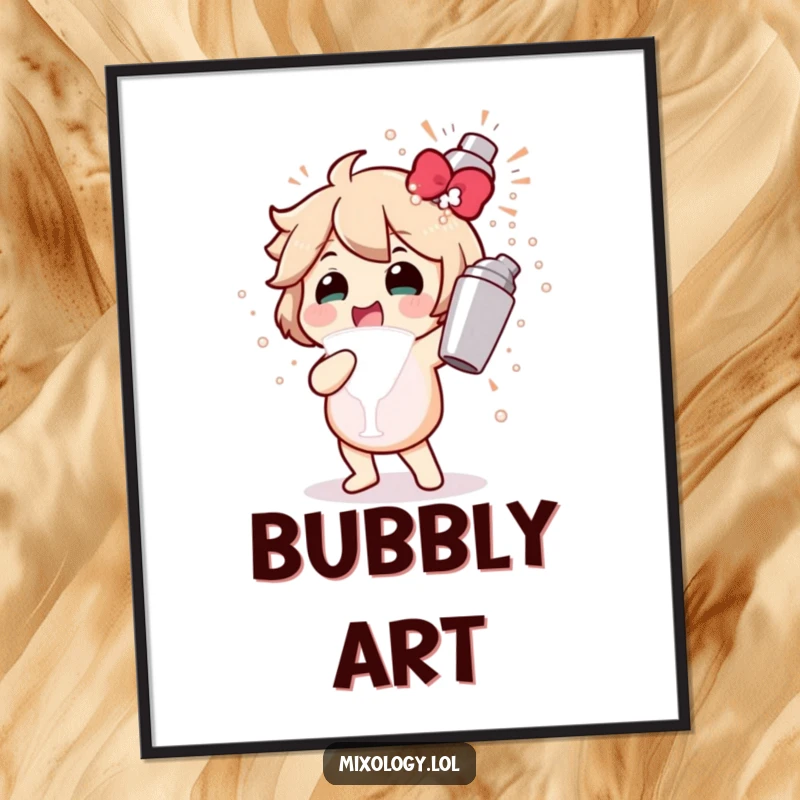 Funny digital art print of a character gleefully shaking a cocktail shaker, showcasing a dynamic bubbly explosion of party spirit.