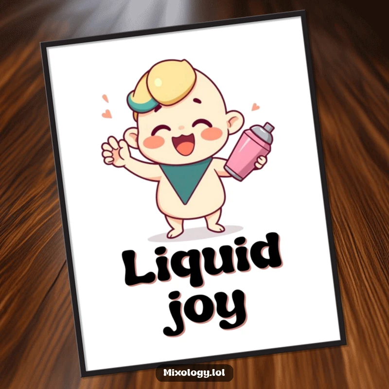 Funny digital art print of a cute character shaking a cocktail shaker, ideal for humorous, festive home decor.