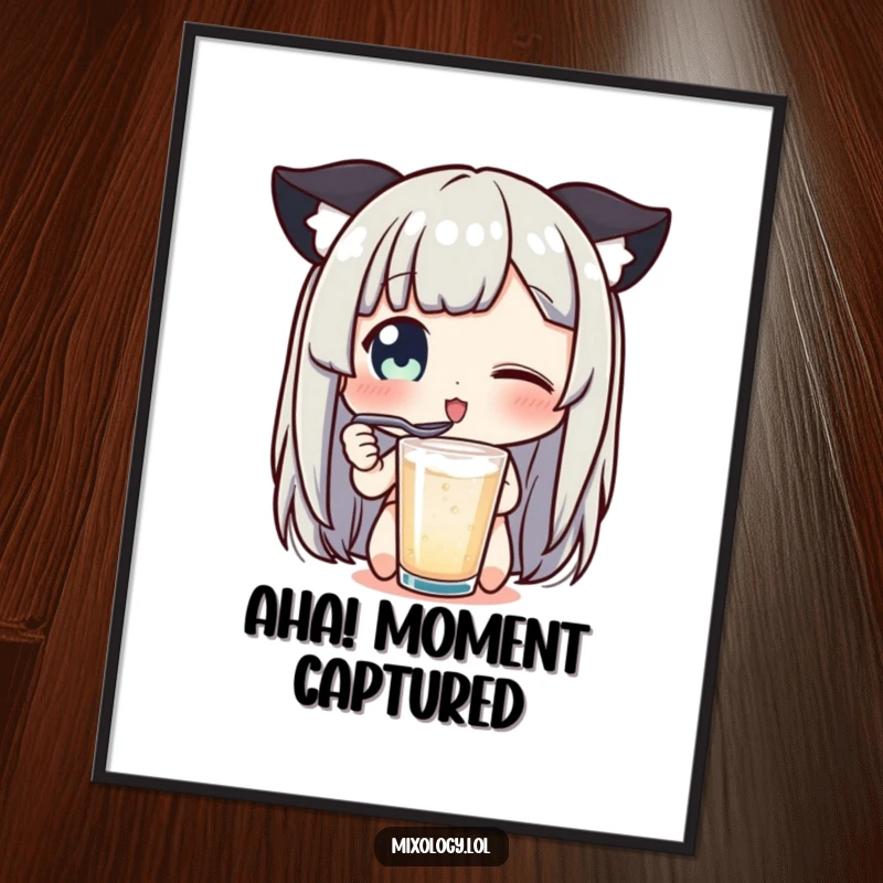 Funny digital art print of a character's wide-eyed delight tasting a drink with a tiny spoon, joyful instant decor.