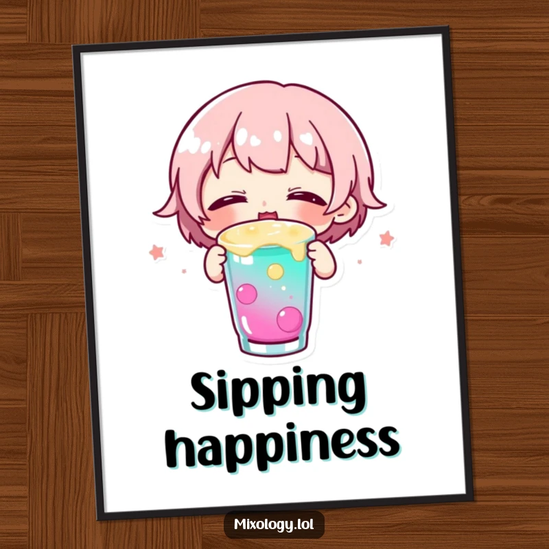 Funny digital art print of a small character blissfully sipping a colorful drink with eyes closed, radiating pure happiness and relaxation.