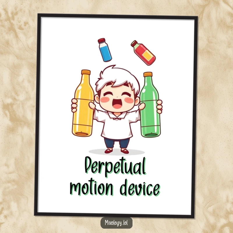 Funny digital art print of a surprised character juggling three colorful bottles, ideal for instant humorous wall decor.