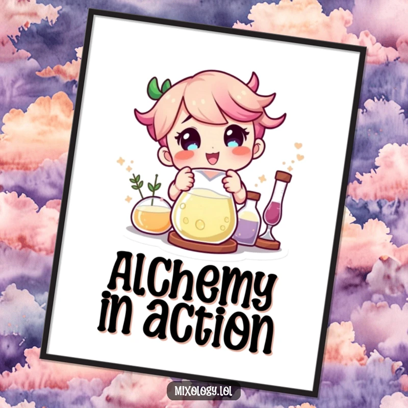 Funny character delighted as magical ingredients combine in a beaker, a whimsical digital art print.