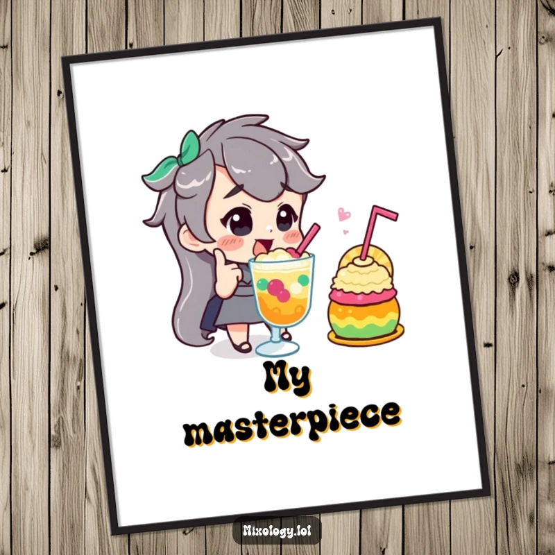 Funny digital art print of a character giving a confident nod while admiring a vibrant, colorful concoction, symbolizing creative success.