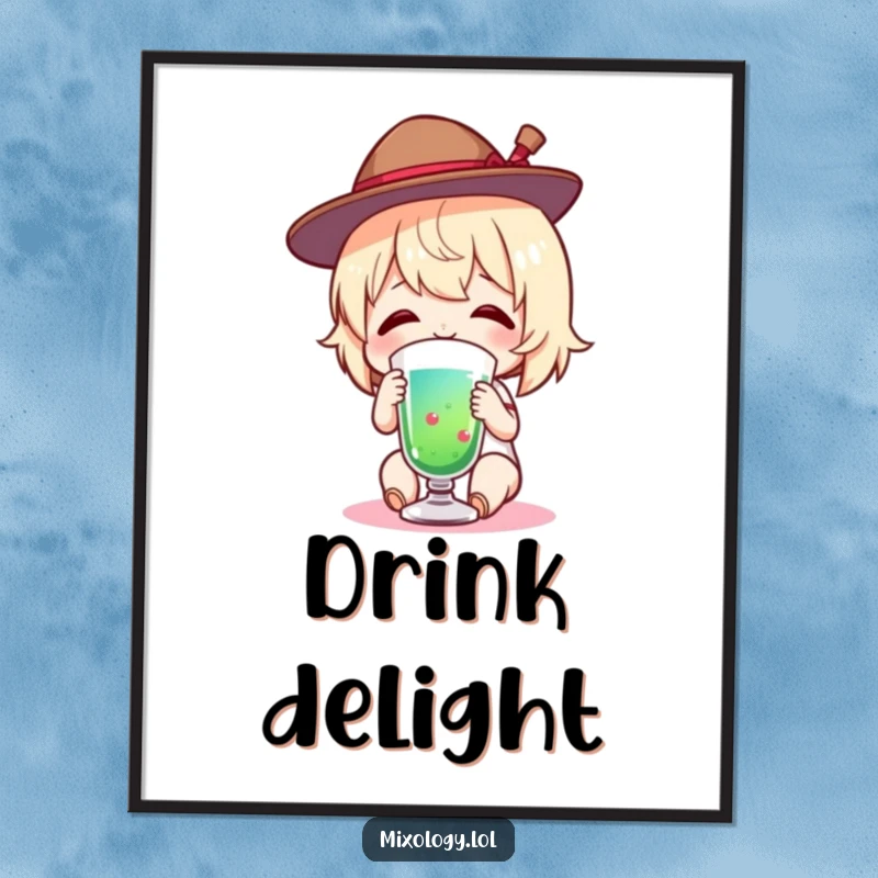 Funny Digital Art Print of a charming figure wearing a tiny hat, happily tasting a colorful drink with a sweet smile.