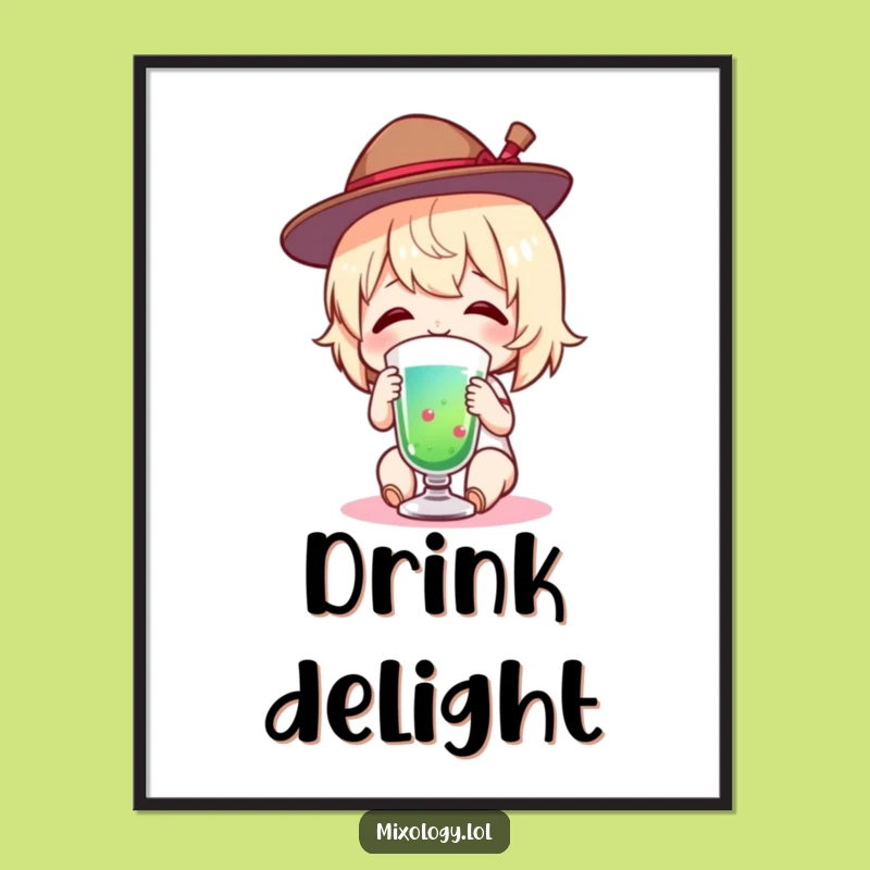 Funny Tiny Hat Charm Digital Art Print: Smiling Figure's Colorful Sip, Unique Funny Gift