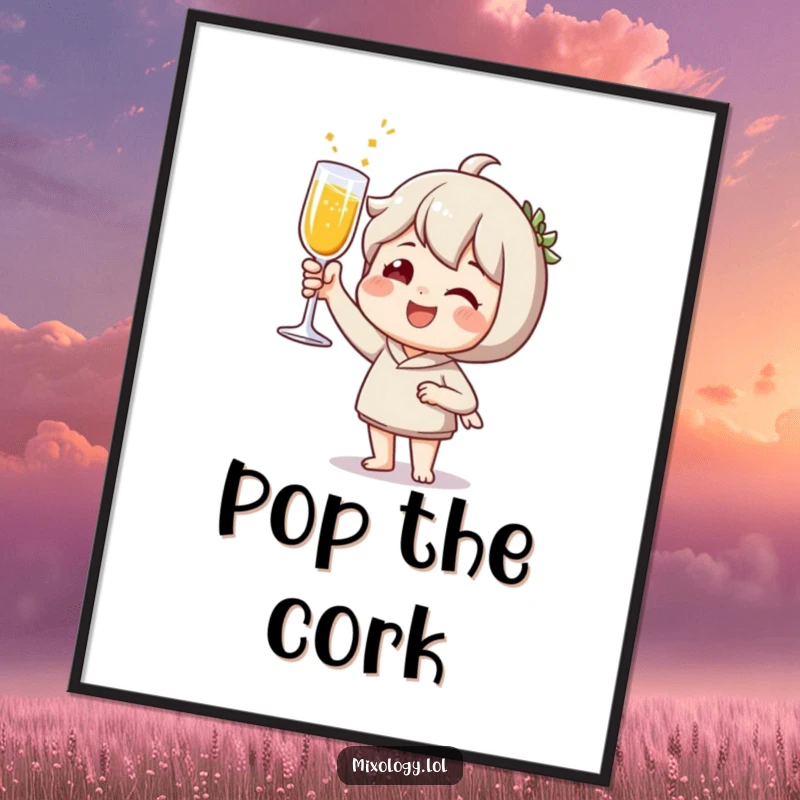 Funny Digital Art Print: Joyful character toasting with a sparkling drink, conveying celebration and happiness.