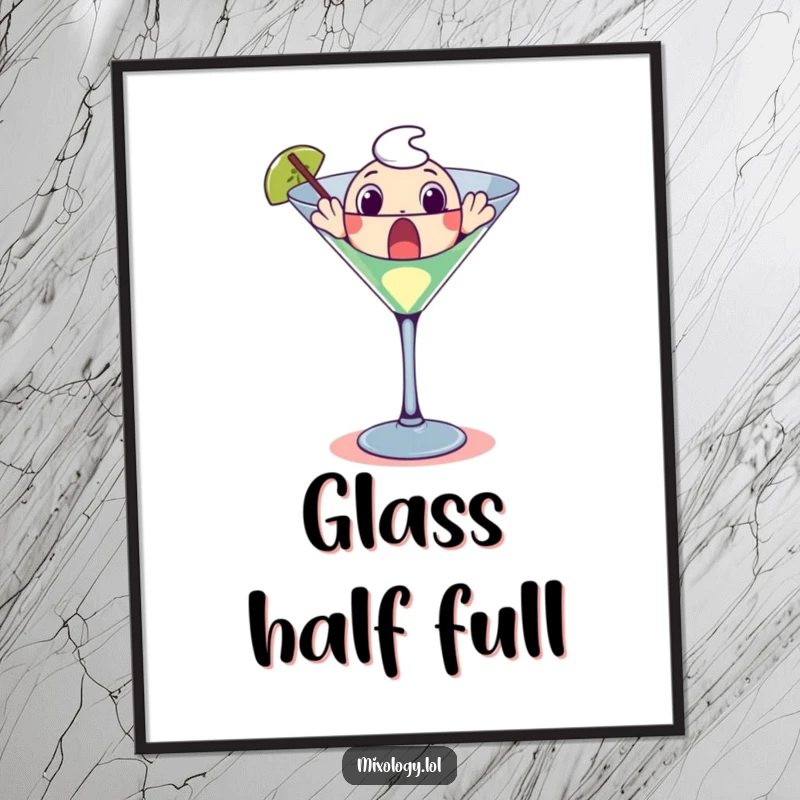 Funny digital art print of a surprised character bursting out of a giant martini glass, full of comical surprise.
