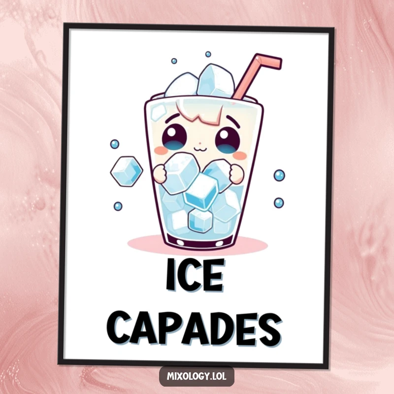 Funny Digital Art Print: Playful scene of dancing ice cubes and a surprised expression, adding whimsy.