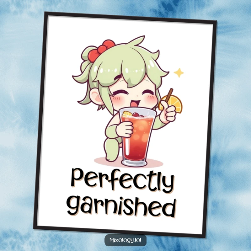 Funny digital art print of an enthusiastic character adding a perfect citrus twist to a drink with flair and joy.