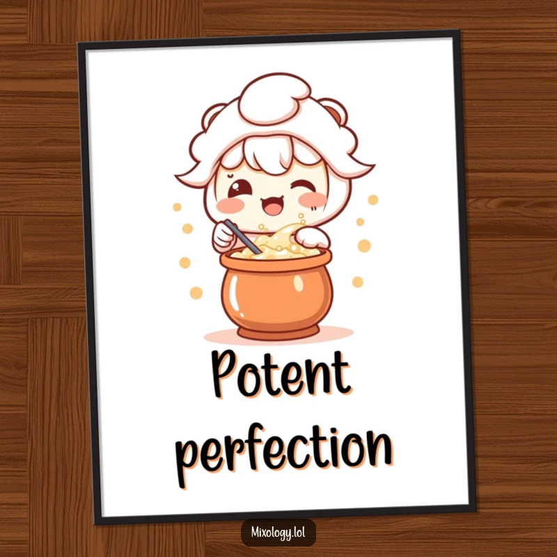 Funny digital art print of a delighted kawaii character stirring a bubbling potion, radiating happiness and magic.