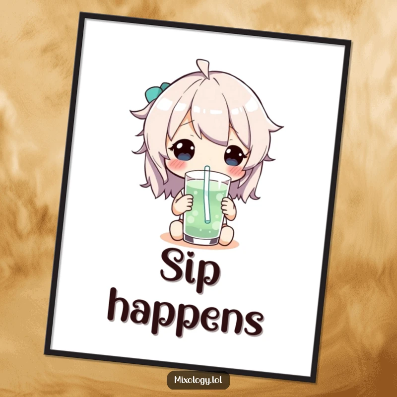 Funny Digital Art Print of a character's face, gleefully sipping from a long, winding whimsical straw, ready for framing.