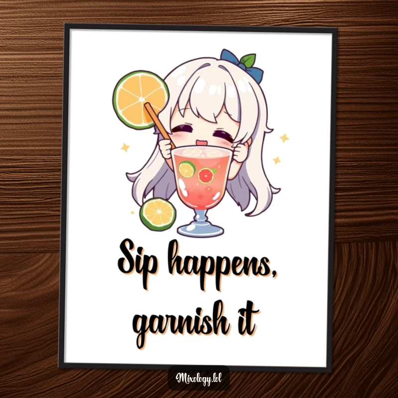 Funny character digital art print, joyfully garnishing a drink with fruit, adding instant festive cheer and humor to decor.