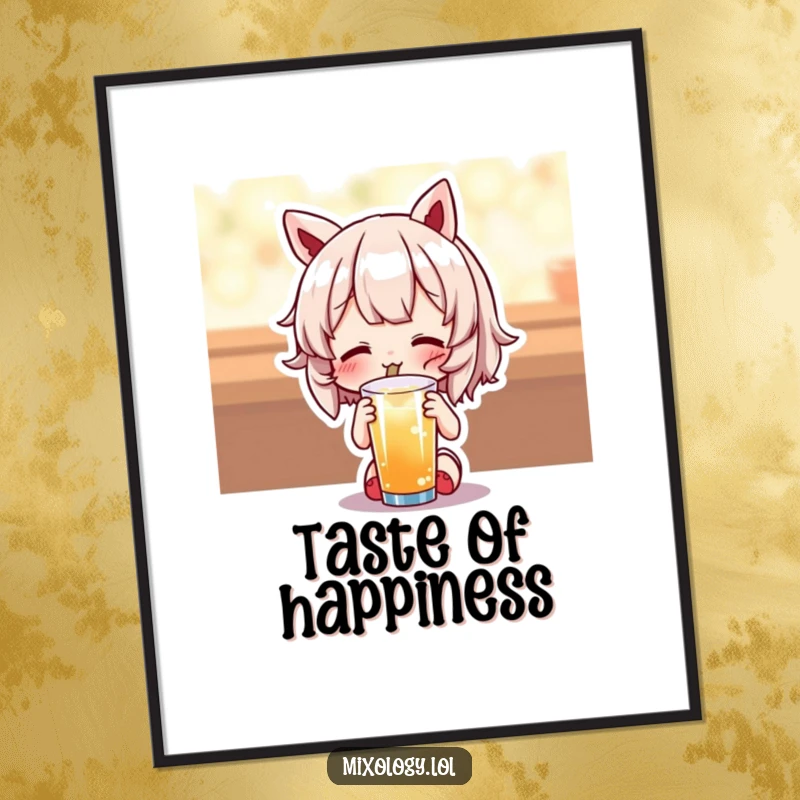 Funny digital art print of a cute character with an expression of utter delight while tasting a drink, for joyful decor.