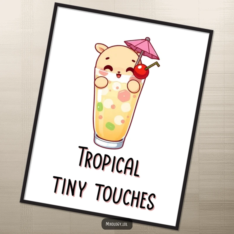 Funny digital art print of a curious character garnishing a drink with an umbrella and cherry, ideal for instant humorous decor.