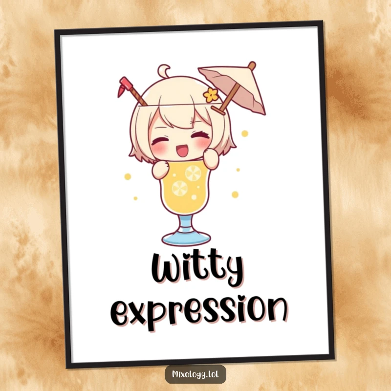 Funny digital art print of a character playfully garnishing a drink with a tiny umbrella and a wink, adding whimsy.