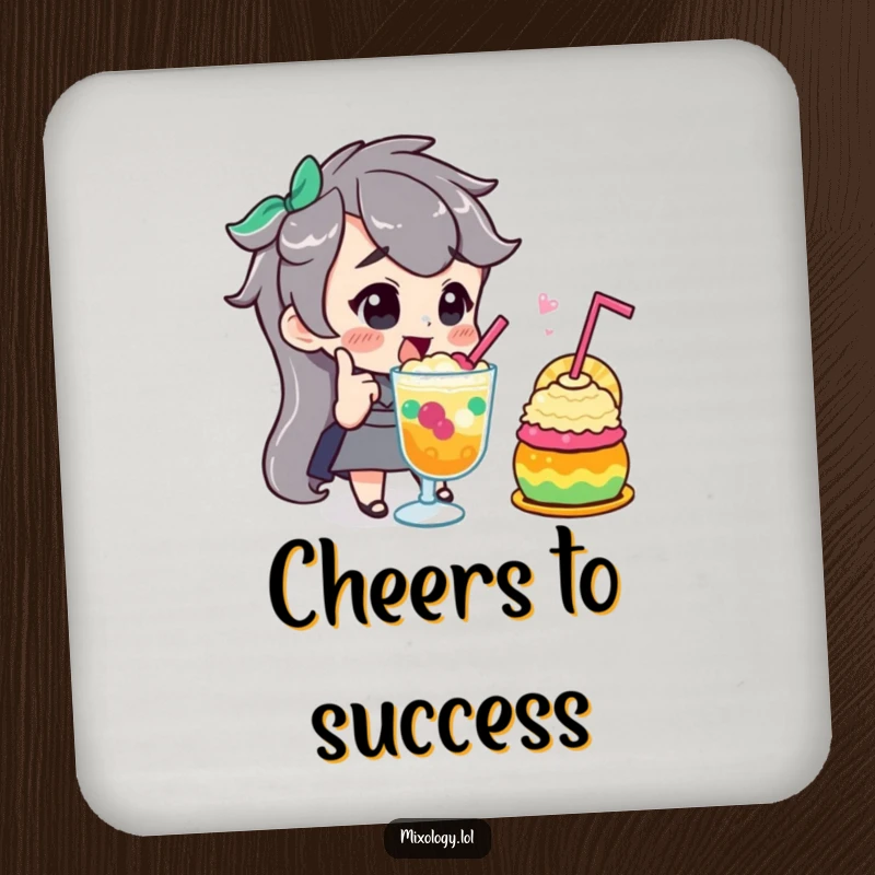 Funny drink coaster showing a character giving a confident nod while admiring a colorful drink, celebrating successful concoctions.