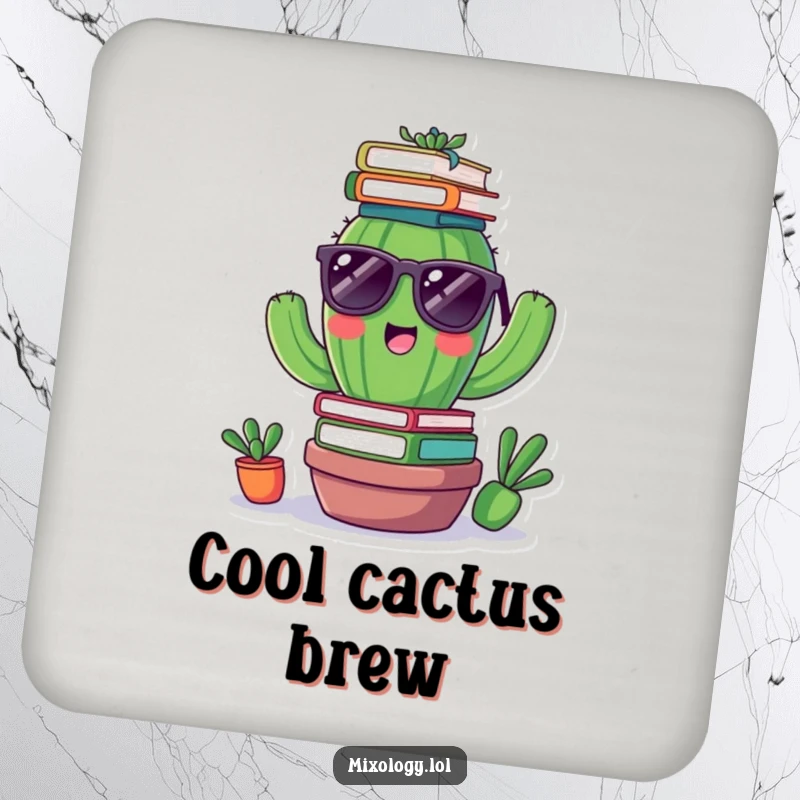 Funny coaster with a cheerful cactus wearing tiny sunglasses, balancing books on its head, a humorous and practical accessory.