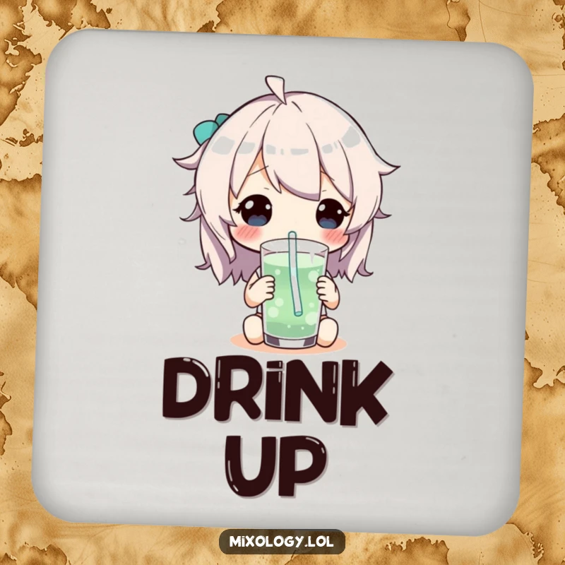 Funny Drink Coaster depicting a character enjoying a drink through a whimsical straw, adding a playful touch to any table setting.