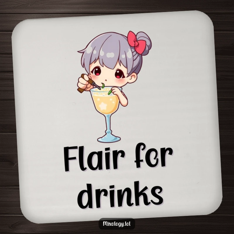 Funny Drink Coaster featuring a character meticulously garnishing a drink with tiny, flourish-filled movements, adding humor to surfaces.