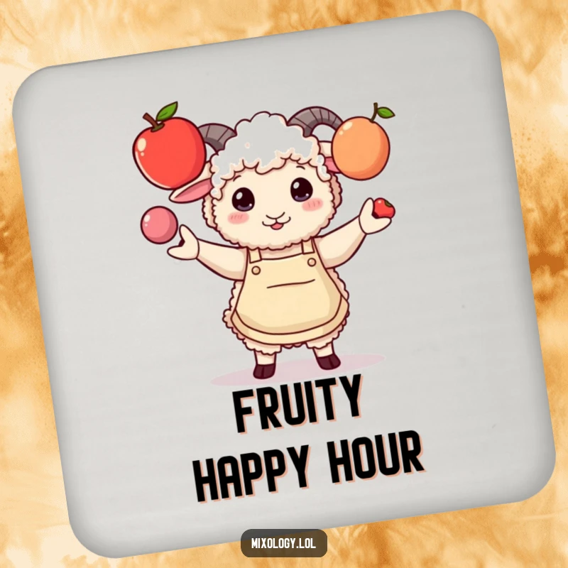 Funny coaster with a fluffy sheep in a stylish apron comically juggling three fruits, a humorous and practical accessory.
