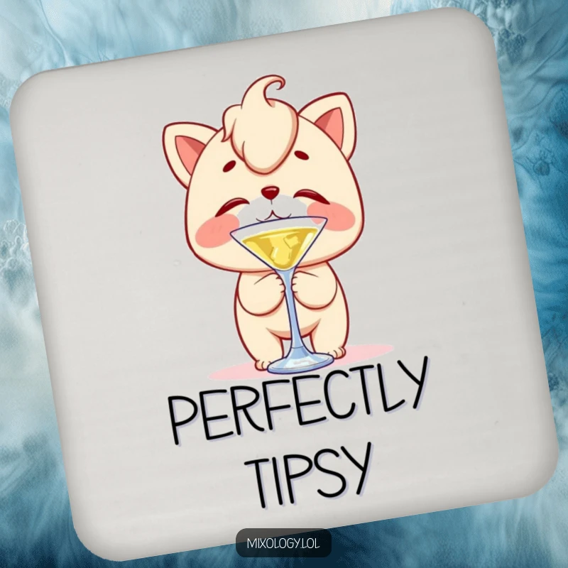 Funny drink coaster showing a character with clumsy delight, balancing a cocktail stirrer on their nose, perfect for balancing acts.