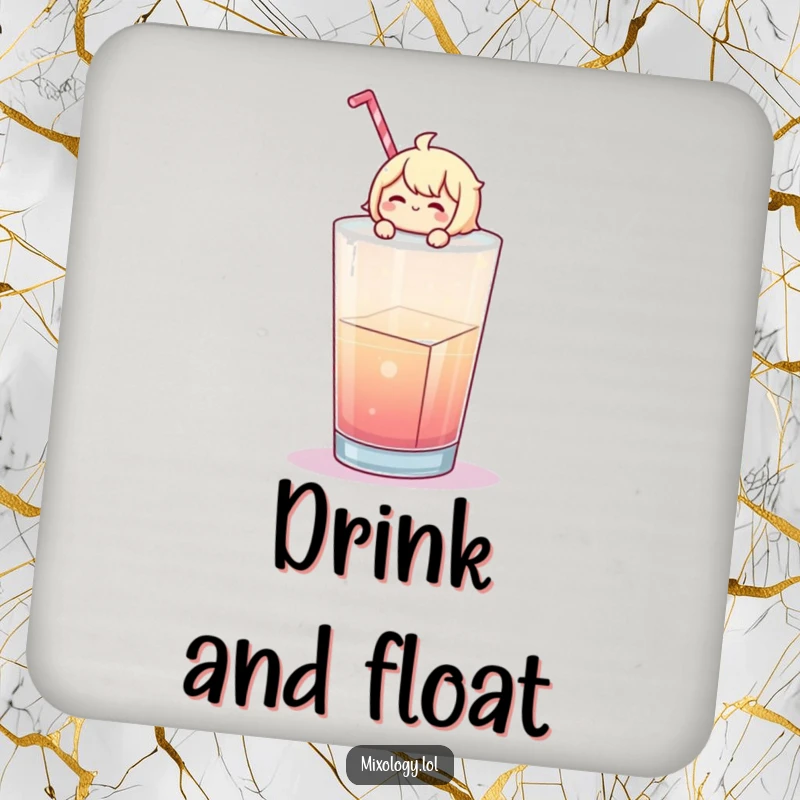 Funny Drink Coaster: Cheerful character floats on a large ice cube in a drink, protecting surfaces with cool humor.