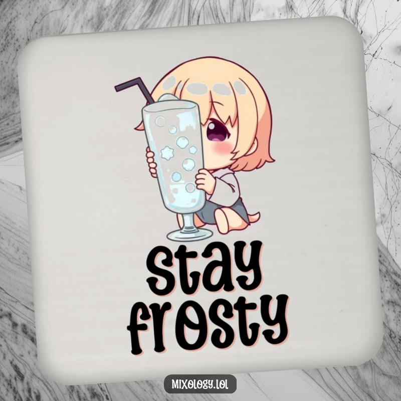 Funny Drink Coaster depicting a character admiring a perfectly chilled glass, adding a touch of cool humor to any table.