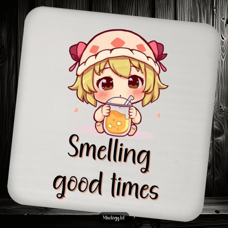 Funny Drink Coaster featuring a character curiously sniffing a new concoction with an intrigued expression, adding humor to tabletops.