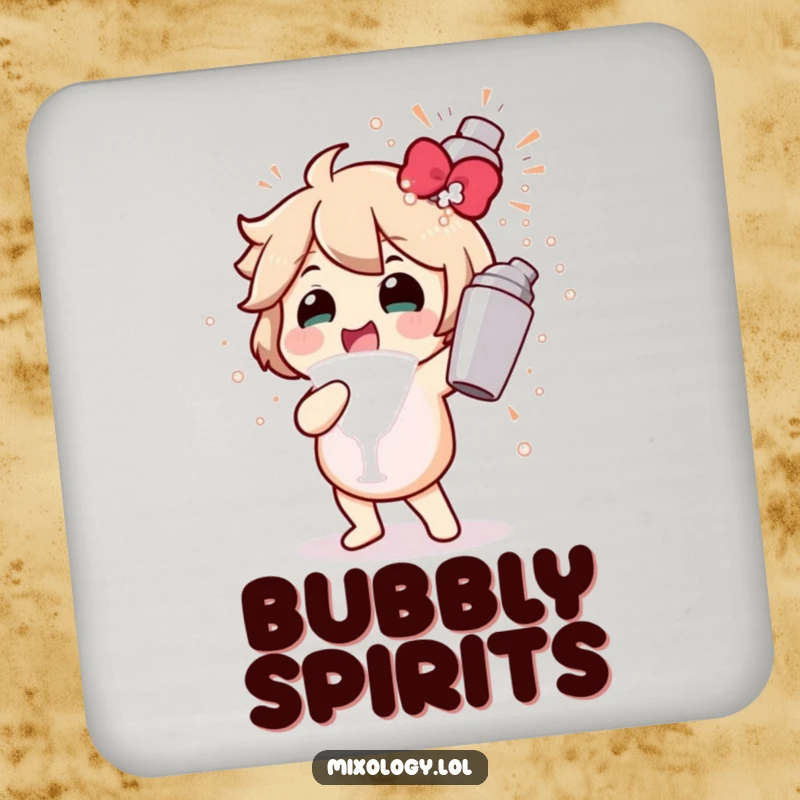 Funny coasters featuring a character gleefully shaking a cocktail shaker, with a bubbly explosion, guarding drink surfaces.