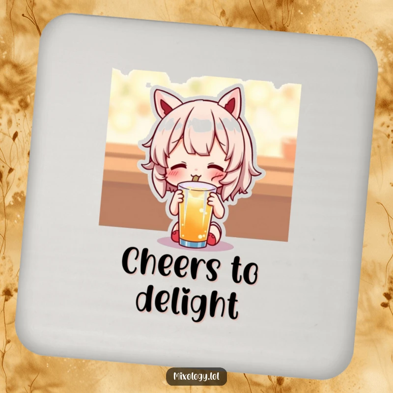 Funny coaster featuring a cute character tasting a drink with an expression of pure delight, adding charm to tabletops.