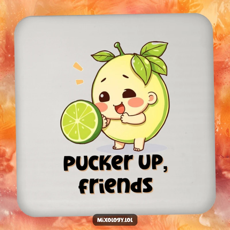 Funny coaster featuring a character exerting great effort to squeeze a lime, designed to protect surfaces with humor.