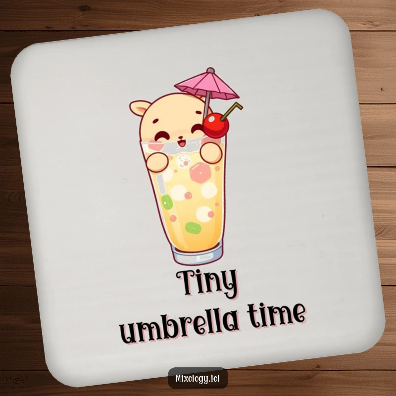 Funny drink coaster set with characters garnishing drinks with tiny umbrellas and cherries, adding humorous protection to tables.