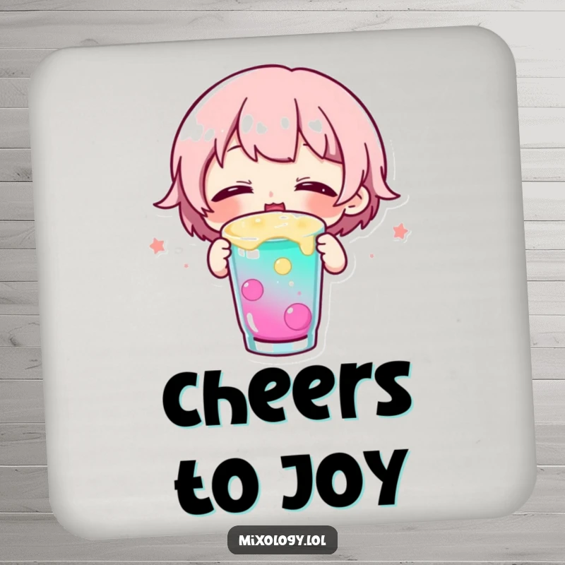 Funny drink coaster with a small character happily sipping a colorful drink with eyes closed, offering protection with cute, joyful art.
