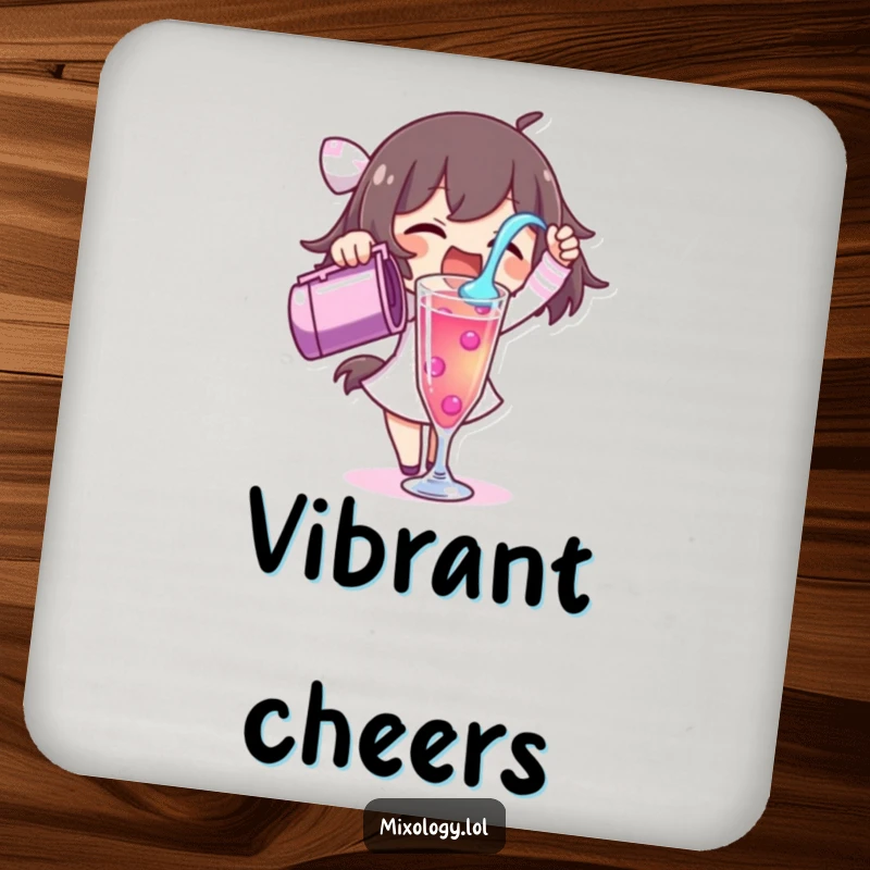 Funny coasters featuring a character excitedly pouring a vibrant liquid into a tall glass, guarding drink surfaces.