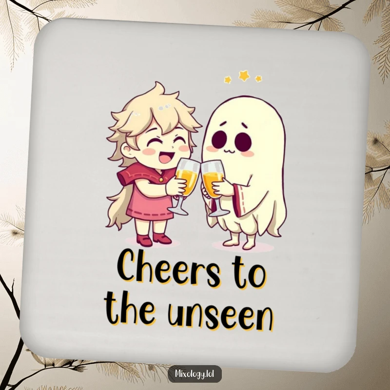 Funny character joyfully clinking glasses with a spectral friend on a protective drink coaster.