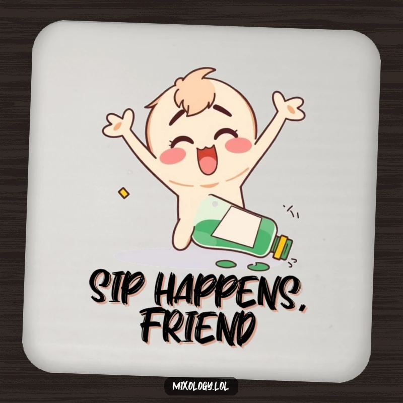 Funny drink coaster showing a clumsy character happily flailing their arms after knocking over a bottle, perfect for spill zones.