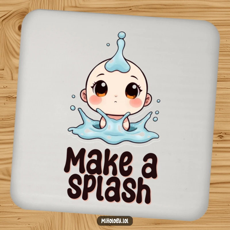Funny drink coaster with a tiny character wide-eyed at a splash, adding a touch of playful surprise.