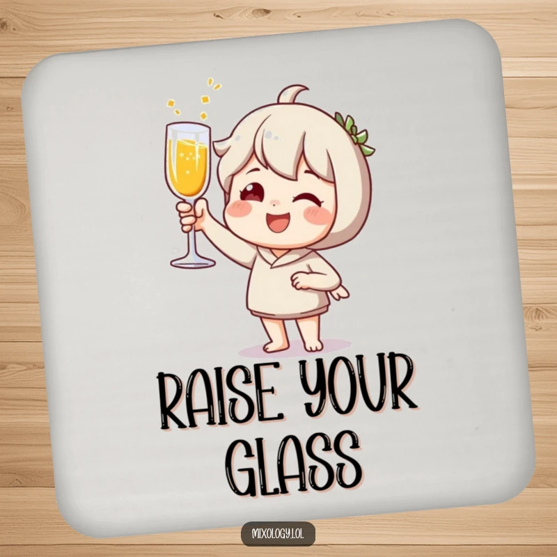 Funny Drink Coasters: Joyful character toasting with a sparkling beverage, offering festive surface protection.