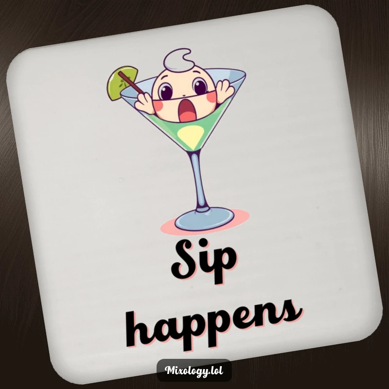Funny drink coaster showing a surprised character emerging from a martini glass, adding humor to drink service.