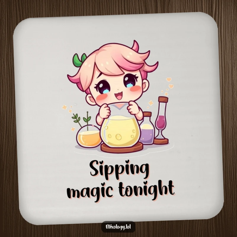 Funny character delighted by magical ingredients combining in a beaker on a protective drink coaster.