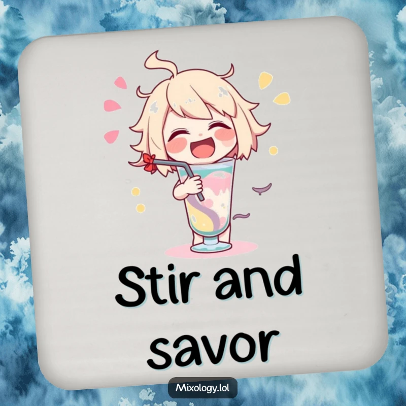 Funny delighted character coasters featuring a character swirling a drink, adding fun to beverages.