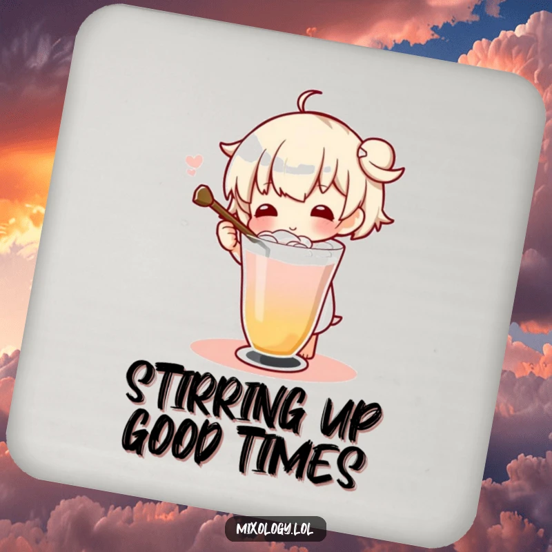 Funny character using a long stirrer to twirl a drink with flair, functioning as an elegant drink coaster.